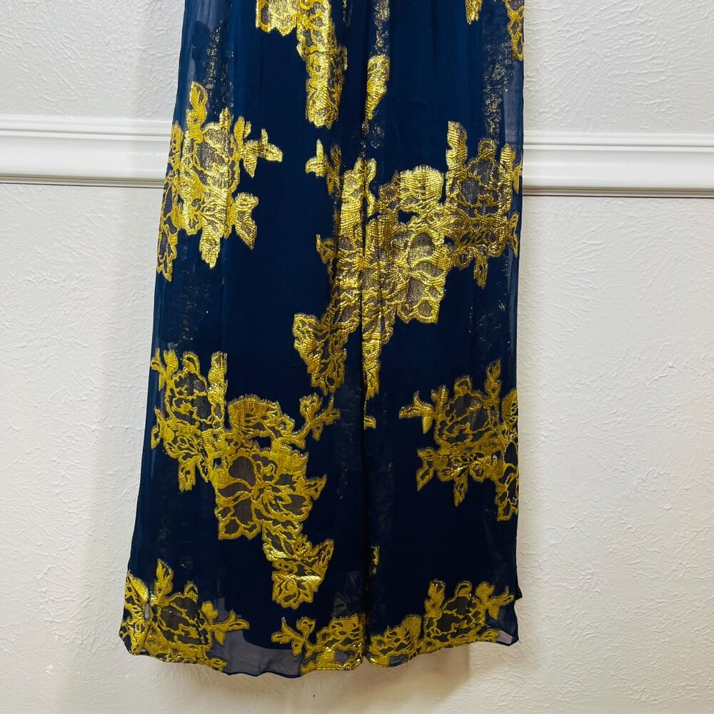 Xscape Silk Navy Blue and Gold Metallic Maxi Evening Gown - Picture 3 of 12